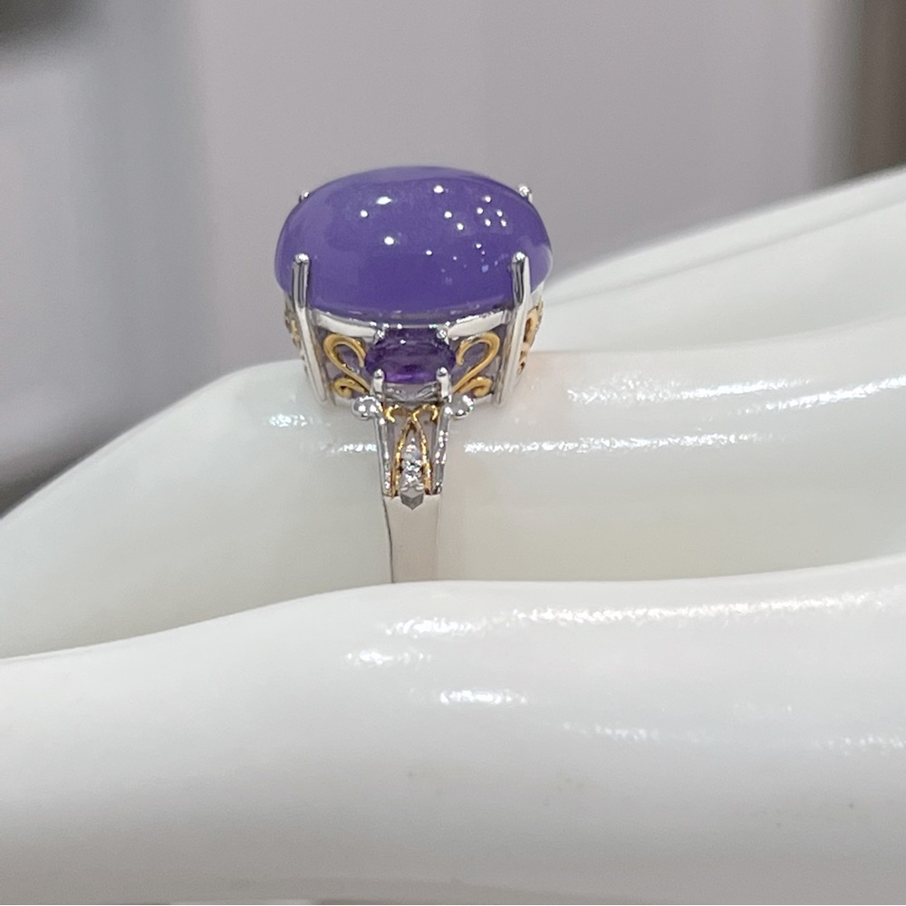 Burmese Purple Jade Multigemstone YG and Sterling Cocktail Statement Ring Sz 8 - Picture 10 of 13